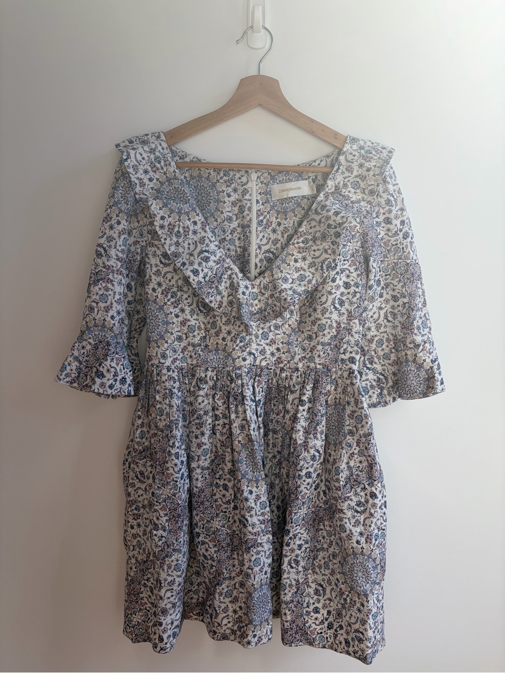 Zimmermann Empire Flute Mini Dress Floral Linen Babydoll Frill